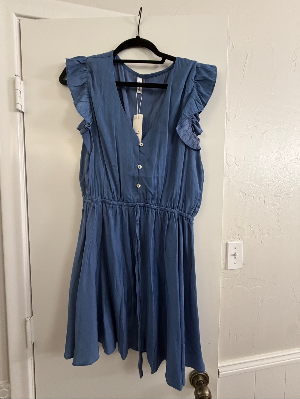glam Blue Ruffle-Sleeve V-Neck Mini Dress